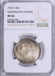 1953 S NGC MS66 Washington Carver Half Dollar Silver Coin STUNNING TONER! - Picture 1 of 3