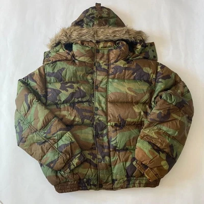 Schott Camouflage Pattern Goose Down Jacket Fur Hood Xl - Image 1 of 4