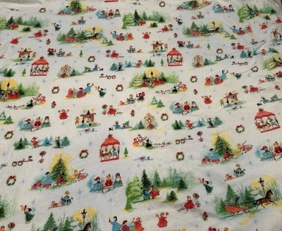 Christmas Fabric 8 Yards Snowmen Skiers Angels White Cotton Flannel Vintage - Image 1 of 4