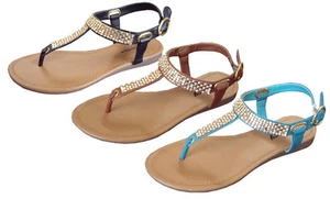 New Women's Crystal Rhinestone Gladiator Flat Sandal T-Strap (8063) - Picture 1 of 6