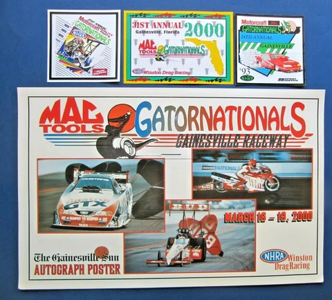 4 Lot - 2000 NHRA GATORNATIONALS AUTOGRAPH POSTER + 3 OFFICIAL EVENT DECALS Cover
