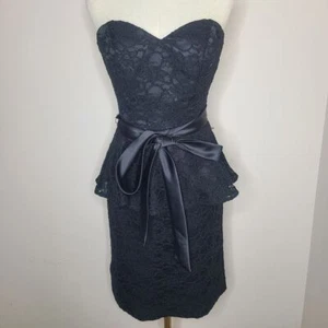 Affairs by Mori Lee Strapless Black Lace Midi Peplum Evening Cocktail Dress Sz 8 - Picture 1 of 9