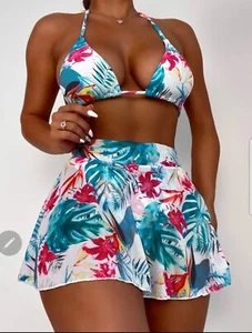 Tummy Control Womens 3 Piece Skirt Swimsuit Set Large Blue print - Picture 1 of 3