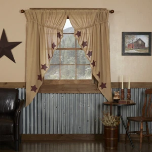 Burlap w/ Burgundy Stencil Stars PRAIRIE Short CURTAIN Unlined COUNTRY - Picture 1 of 6