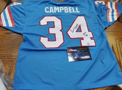 Camiseta de fútbol americano pintada cosida autografiada de los Oilers Earl Campbell HOF 91 CERTIFICADO DE AUTENTICIDAD Foto 1 de 4