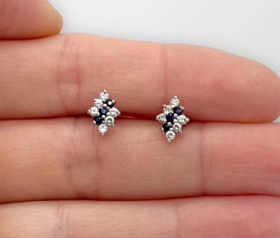 0.20CT Natural Blue Sapphire & Diamond Cluster Earring Solid 14K Two Tone Gold - Image 1 of 3