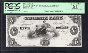 1800's $5 THE PHOENIX BANK HARTFORD, CT OBSOLETE NOTE PCGS UNCIRCULATED-64 - Picture 1 of 2