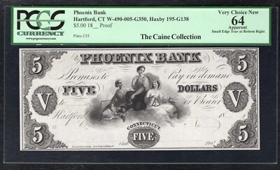 1800's $5 THE PHOENIX BANK HARTFORD, CT OBSOLETE NOTE PCGS UNCIRCULATED-64 - Image 1 of 2
