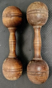 Vintage Set of 2 Wooden Antique Dumbbells Weights Workout Exercise Wood - Picture 1 of 7