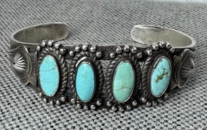 Vintage Native American Navajo Turquoise Cuff Sterling Silver Bead Rope Arrows - Picture 1 of 7