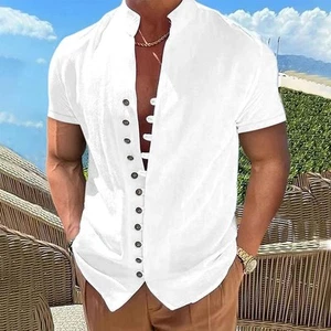Men's Summer Short Sleeve Formal Shirt White Casual Dress Top Beach Blouse Versa - Picture 1 of 32