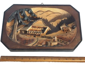 Vintage German Black Forest Hand Carved Wooden Wall Diorama Chalet Scene - Picture 1 of 5
