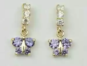 14K Yellow Gold Cubic Zirconia Birthstone Butterfly Dangle Screw Back Earrings - Picture 1 of 13