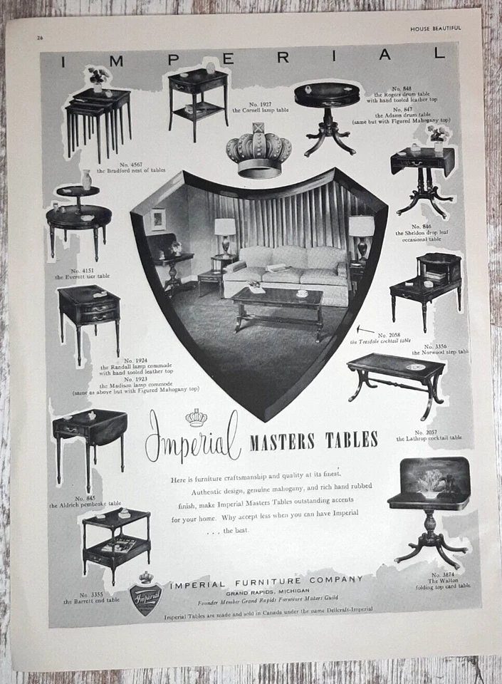 1952 Imperial Furniture Vintage Impreso Publicidad Mesas Maestros Caoba Grand Rapids MI Foto 1 de 1