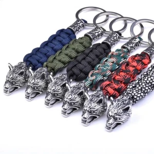 Mens Viking Wolf Head Key Chain Key Ring Stainless Steel Umbrella Rope Knitted - Picture 1 of 14