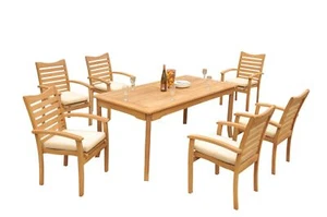 7pc Grade-A Teak Dining Set 71" Rectangle Table 6 Aspen Stacking Arm Chairs - Picture 1 of 4