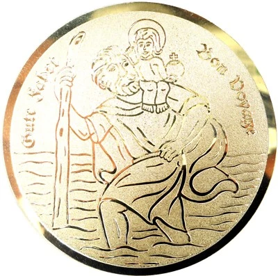 St. Christophorus Schutzpatron Plakette 50 mm goldfarben Klebepad Blechplakette