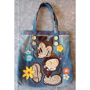 Disney Mickey Mouse Denim Tote Purse Large Beaded Fully Lined Sequins 