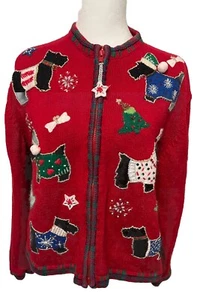 Vtg Womens Petite M Christmas Scottish Terrier Dog Knit Cardigan Sweater Sequins - Picture 1 of 16