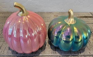 2024 Target Bullseye Set of 2 Iridescent Glass Pumpkins Pink Blue-Green Fall NEW - Picture 1 of 3