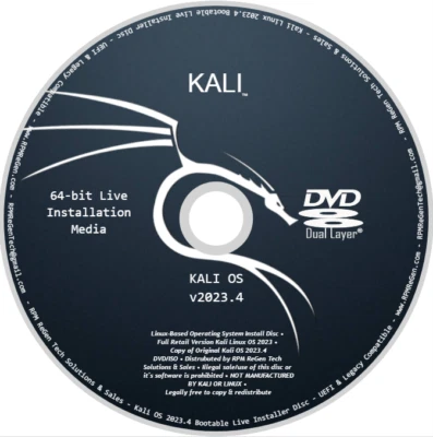 Kali Linux v2023.4 Installation Disc: BOOTABLE DVD KALI HACKER PROGRAMMER LINUX - Image 1 of 2