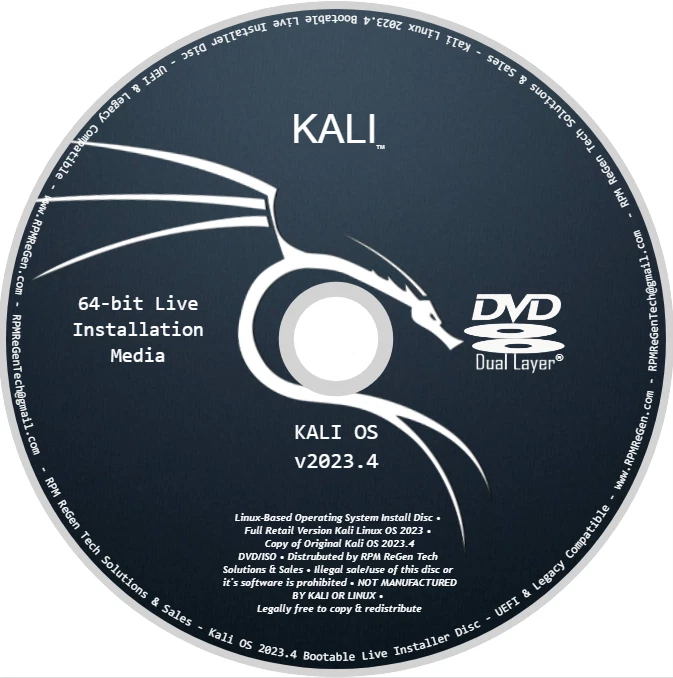 Kali Linux v2023.4 Installation Disc: BOOTABLE DVD KALI HACKER PROGRAMMER LINUX - Image 1 of 2