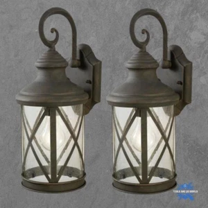 Set 2 Large 16" Bronze Weathered Patina Outdoor Wall Light Seeded Glass Lantern - Picture 1 of 6