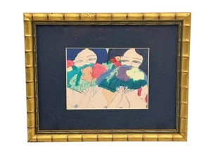RARE Walasse Ting Art Ladies With Fans Gold Tone 10" x 8" Framed Matted - Imagen 1 de 9