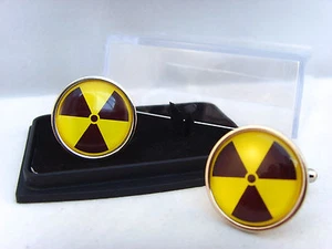 RADIOACTIVE RADIATION SYMBOL HAZARD WARNING NUCLEAR BIO ATOM MENS CUFFLINKS - Picture 1 of 1