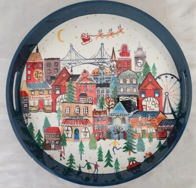 Pottery Barn Christmas In The City Santa Handcrafted Large Serving Tray 18" - Image 1 of 4
