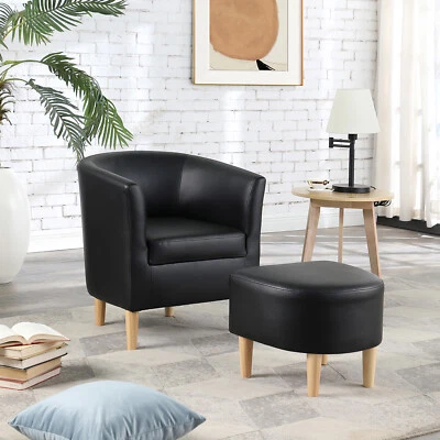 Modern Faux Leather Barrel Club Chair Single Sofa Armchair with Ottoman Footrest - Image 1 of 4