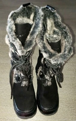 NINE WEST niñas talla 11 BOTAS DE INVIERNO NEGRAS RIBETE DE PIEL SINTÉTICA CREMALLERA CORDONES SUPER CO Foto 1 de 3