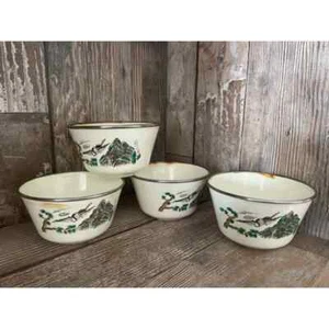 Lot of 4 Vintage Chinoiserie Enamelware Bowls with Crane and Mountain Scene - Picture 1 of 3