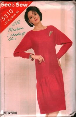 5510 Vintage Butterick SEWING Pattern Misses 1980s Pullover Dress Dropped Waist - Image 1 of 2
