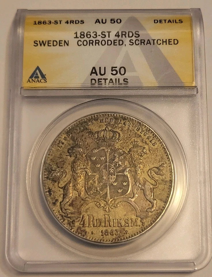 1863-ST 4RDS, SWEDEN 4 RIKSDALER, ANACS AU 50 DETAILS, RARE, 268K MINTAGE - Image 1 of 4