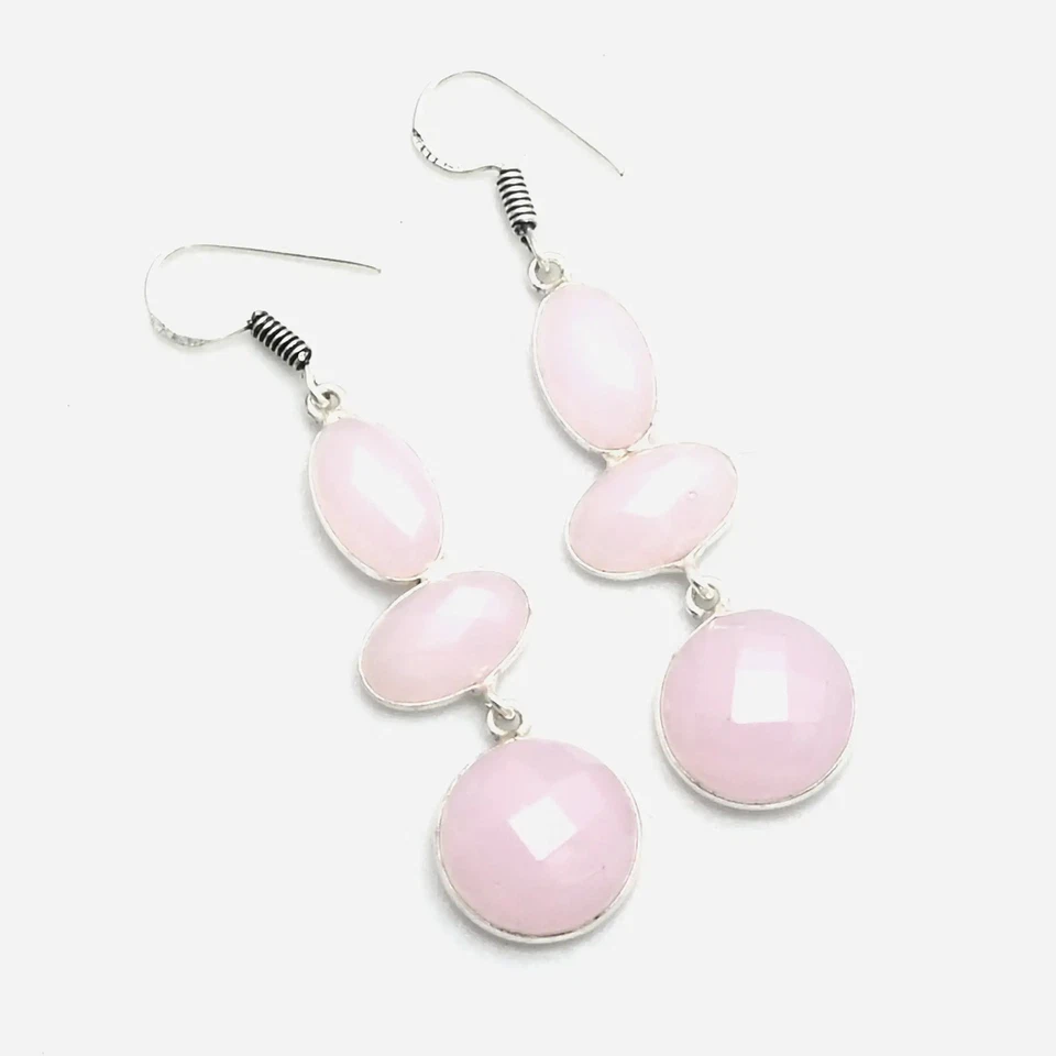 Rose Chalcedony Gemstone Handmade Drop Dangle Earrings Jewelry Gift 2" AE-11025 - Image 1 of 1