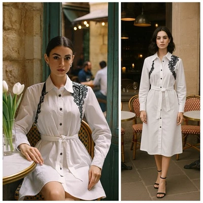 ALEXANDER MCQUEEN 白色纽扣衬衫连衣裙黑色蕾丝束带腰带 EU 38 US 2 — 第 1/4 张图片