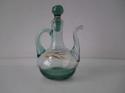 Vintage 1960s Spanish Vinagre Vinegar Green Gold Glass Cruet Bottle Carafe - Image 1 of 4