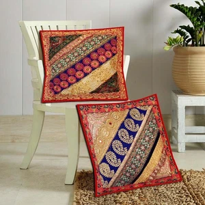Cushion Cover 2 Pc Square 16x16" Pillow Patchwork Vintage Handmade Decor Cotton - Picture 1 of 13