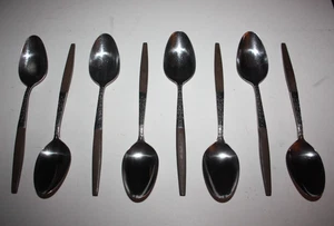 Interpur INR2 8 Soup Spoons Japan MCM Stainless Flatware Synthetic Wood Vintage - Picture 1 of 9