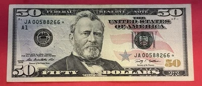 2009 $50 Dollar Bill With Star Note Series Number JA 00588266* - Image 1 of 2