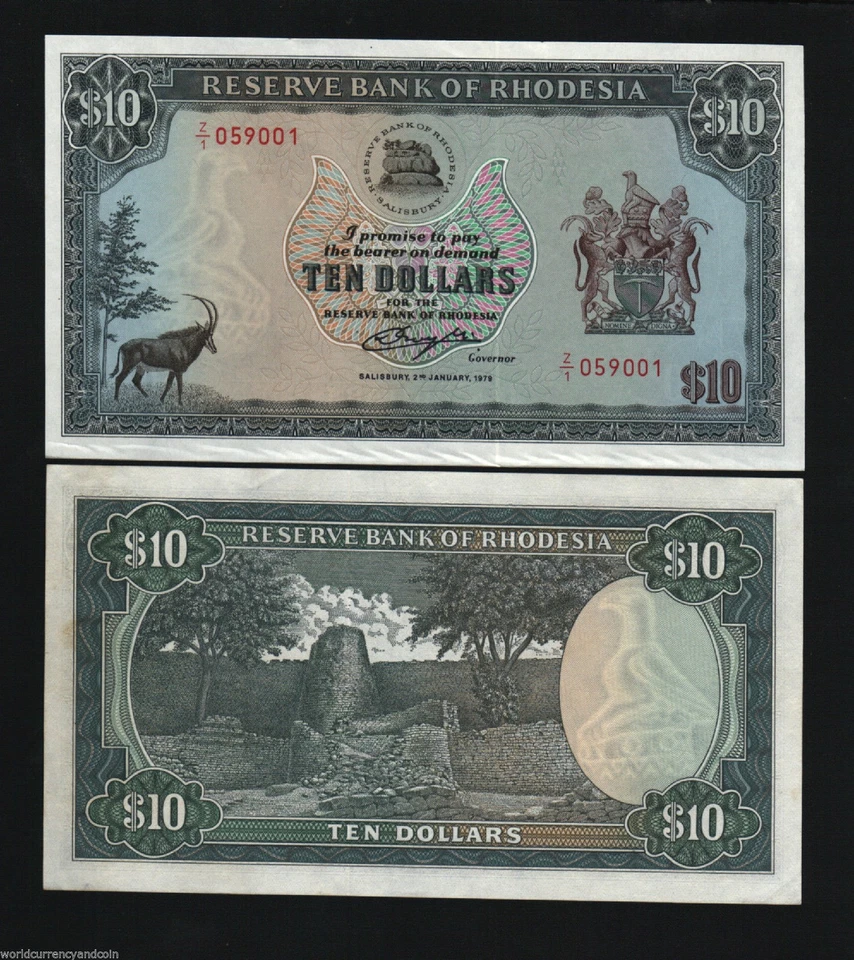 RHODESIA 10 DOLLARS 2-1-1979 P33 Replacement Z/1 ANTELOPE ZIMBABWE MONEY NOTE - Image 1 of 1
