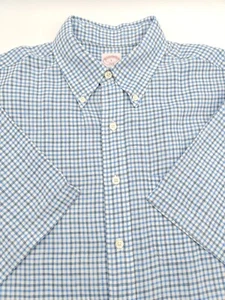 🇺🇲 Brooks Brothers 346 Mens Linen Short Sleeve Shirt 16.5 Large Blue Check - Picture 1 of 5