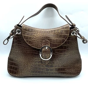 Charlie Lapson Leather Handbag  Dark Brown Croco Embossed Leather w Gold Wash - Picture 1 of 12