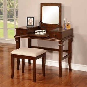 Walnut 3 pc Vanity Set Mirror Wooden Table Stool Makeup Drawer Bedroom Desk - Picture 1 of 2