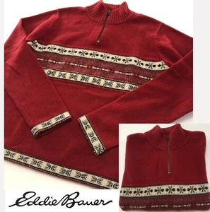vtg EDDIE BAUER Lambswool Sweater M 1/4 Zip Fair Isle Ski Pullover Hong Kong EUC - Picture 1 of 18