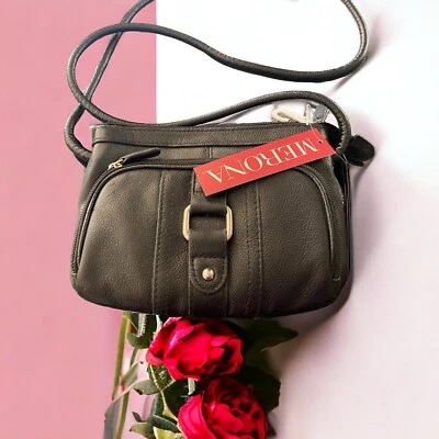 Merona Crossbody Purse Bag Black  Leather Small Organizer - Image 1 of 4