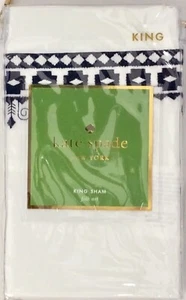 NEW KATE SPADE NY FOLK ART KING PILLOW SHAM WHITE/ NAVY BLUE EMBROIDERED TRIM - Picture 1 of 4