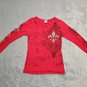 Y2K Retro Shirt Womens Small Red Fleur De Liss Goth Grunge Skater Y2K 90s Bling - Picture 1 of 7