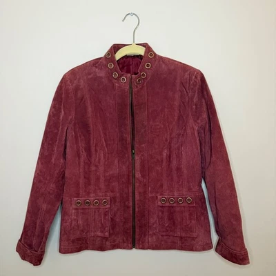 Women's VTG Ruff Hewn 100% Leather Dark Red Jacket Y2K Circle Accents Size L - Image 1 of 4